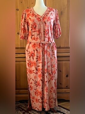 Coral Pink Floral Button-Front Maxi Dress or Open Front Duster Size Large